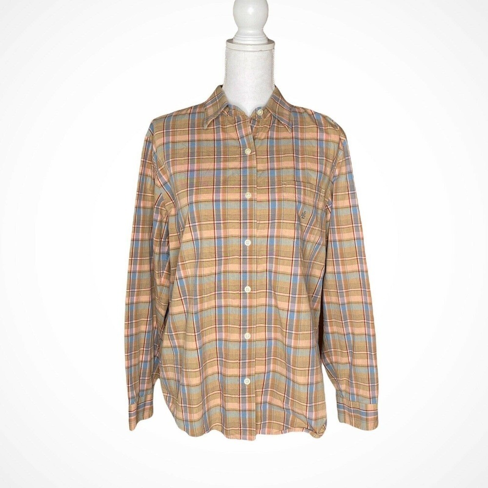 Lauren Ralph Lauren Womens Large Peach Tan Blue Plaid Cotton Button Down…